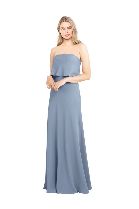 Affordable Sleeveless High Neck Stretch Crepe Smoke Blue Long Formal Dress