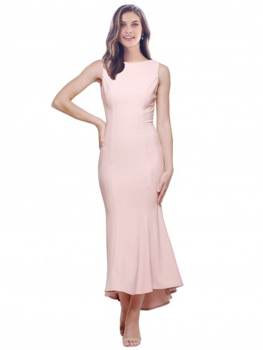 Affordable Sleeveless High Neck Stretch Crepe Pink Midi Length High Low Evening Dress