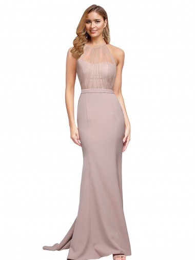 Affordable Sleeveless High Neck Stretch Crepe Dusty Pink Sweep Train Formal Evening Dress