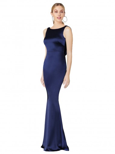 Affordable Sleeveless High Neck Stretch Satin Dark Navy Long Formal Evening Dress