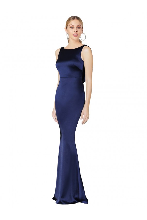 Affordable Sleeveless High Neck Stretch Satin Dark Navy Long Formal Evening Dress