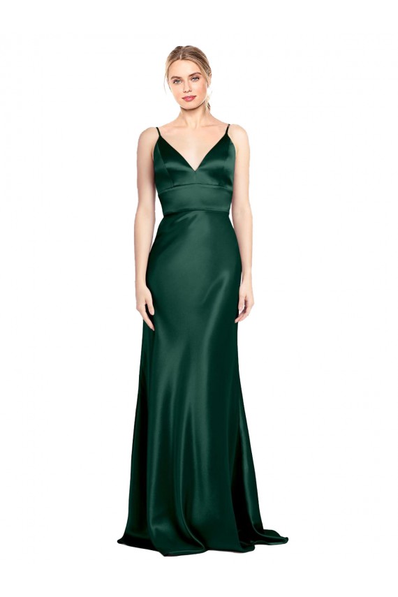 Affordable Sleeveless High Neck Stretch Satin Hunter Long Formal Evening Dress