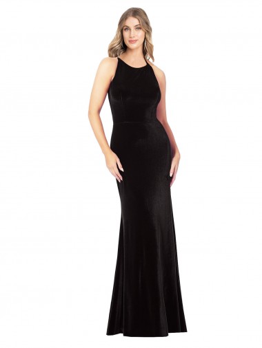 Affordable Sleeveless Jewel Neck Stretch Velvet Black Long Formal Evening Dress