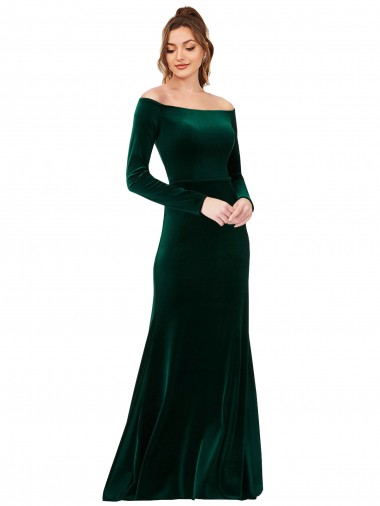 Affordable Long Sleeves Off the Shoulder Stretch Velvet Dark Green Long Formal Evening Dress