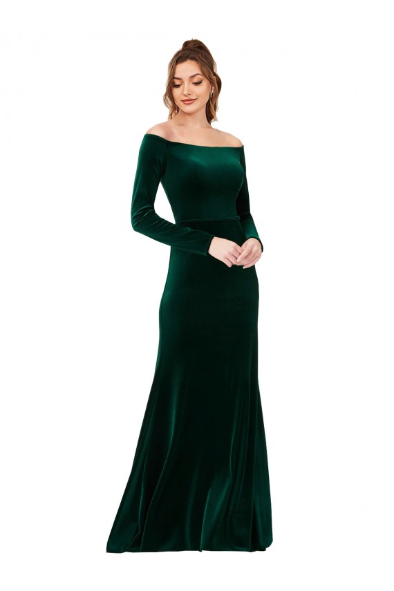 Affordable Long Sleeves Off the Shoulder Stretch Velvet Dark Green Long Formal Evening Dress