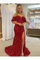 Affordable Short Sleeves Off the Shoulder Velvet Sequin Red Court Train Evening Dress