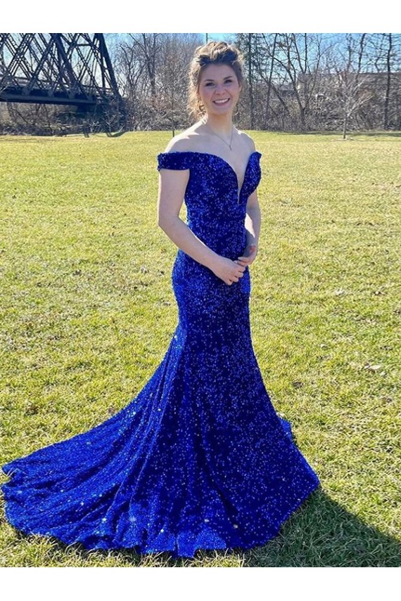 Affordable Sleeveless Off the Shoulder Velvet Sequin Royal Blue Sweep Train Evening Dress