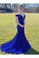 Affordable Sleeveless Off the Shoulder Velvet Sequin Royal Blue Sweep Train Evening Dress