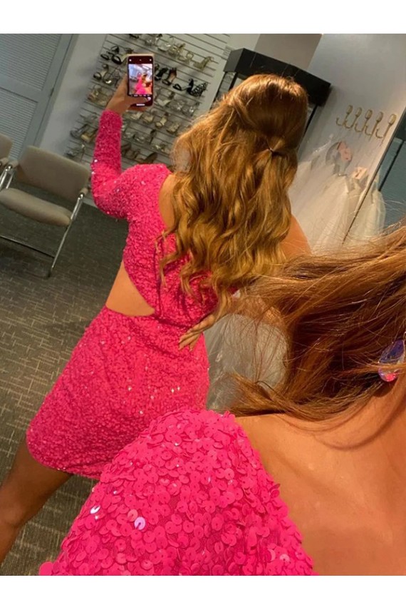 Affordable Long Sleeves One Shoulder Velvet Sequin Short Evening Dress