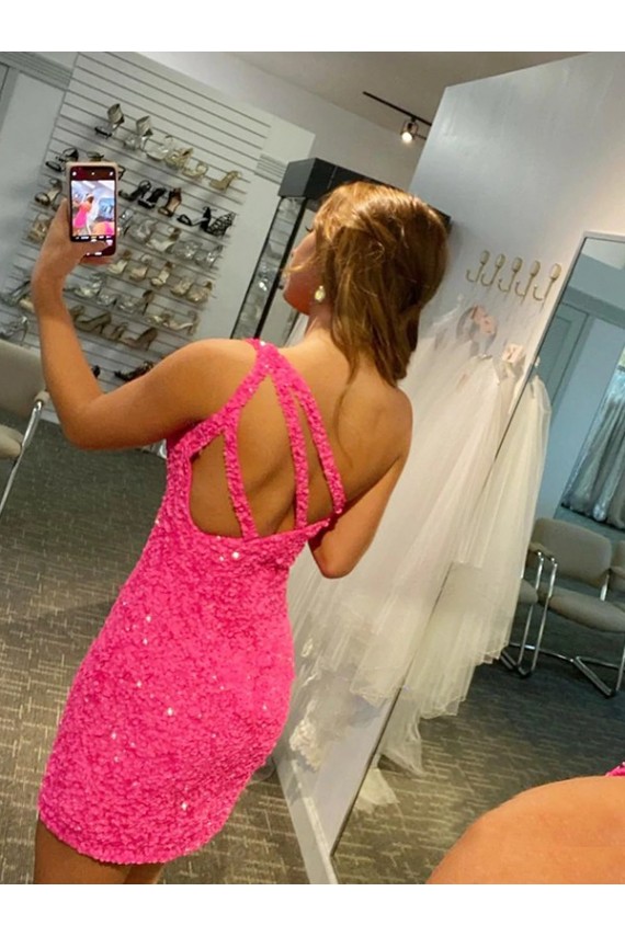 Affordable Sleeveless One Shoulder Velvet Sequin Short Evening Gowns