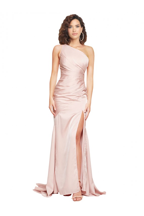 Affordable Sleeveless One Shoulder Silky Satin Pink Long Black Tie Evening Dress