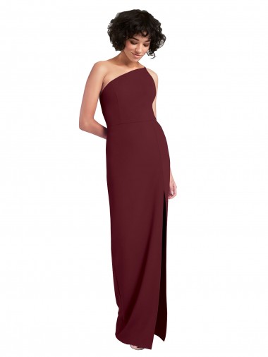 Affordable Sleeveless One Shoulder Stretch Crepe Burgundy Gold Long Formal Evening Dress