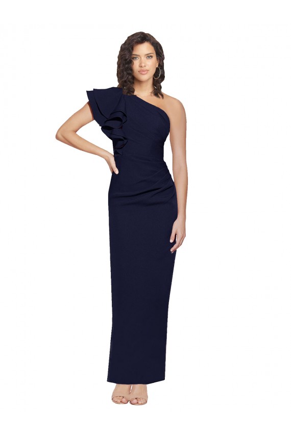 Affordable Sleeveless One Shoulder Stretch Crepe Dark Navy Sheath Long Formal Evening Dress