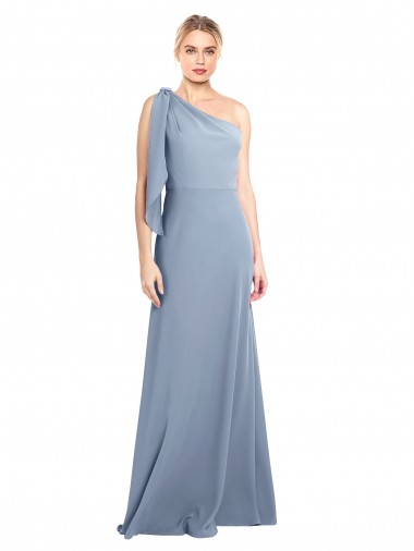 Affordable Flutter Sleeves One Shoulder Stretch Crepe Smoke Blue Long Formal Dress
