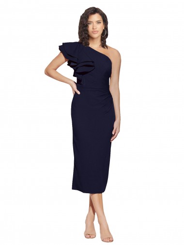 Affordable Sleeveless One Shoulder Stretch Crepe Dark Navy Midi Length Formal Evening Dress