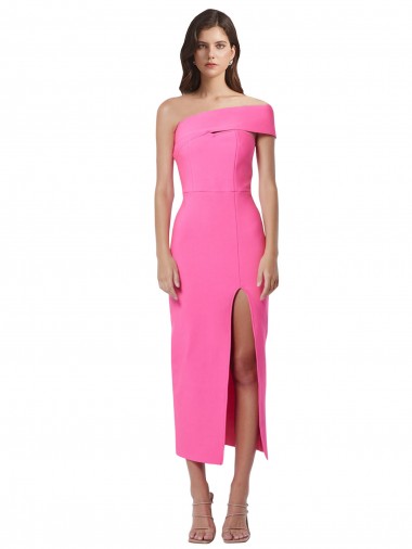 Affordable Sleeveless One Shoulder Stretch Crepe Fuchsia Midi Length Formal Evening Dress