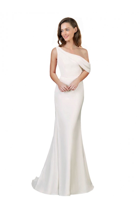 Affordable Sleeveless One Shoulder Stretch Crepe Ivory Sweep Train Formal Evening Dress