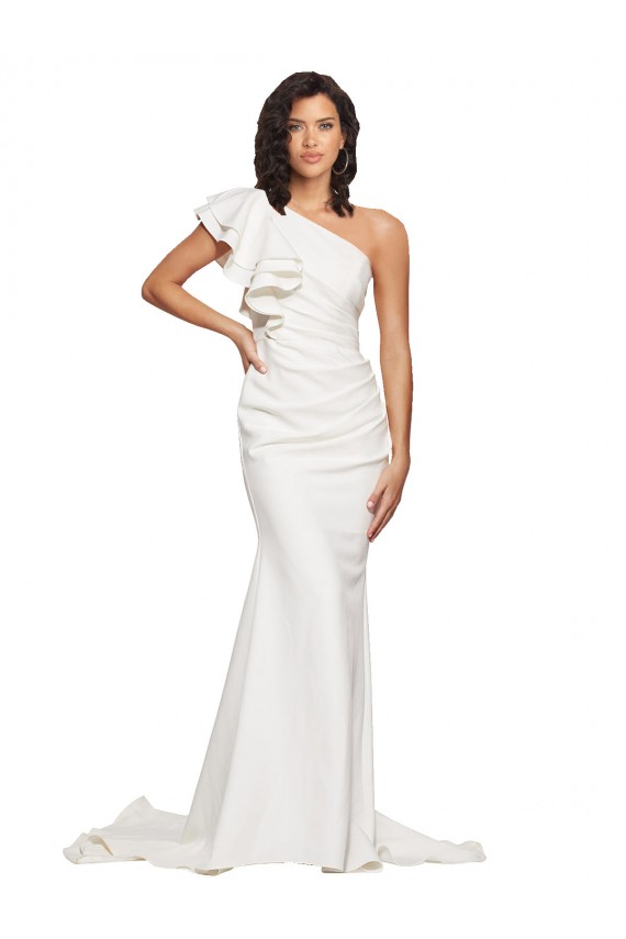 Affordable Sleeveless One Shoulder Stretch Crepe Ivory Sweep Train Semi Formal Evening Dress