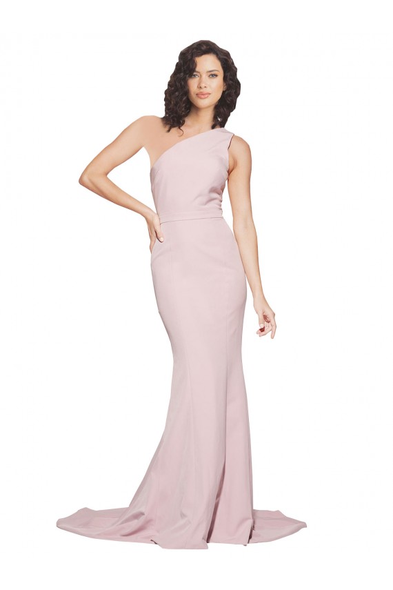 Affordable Sleeveless One Shoulder Stretch Crepe Mauve Sweep Train Semi Formal Evening Dress