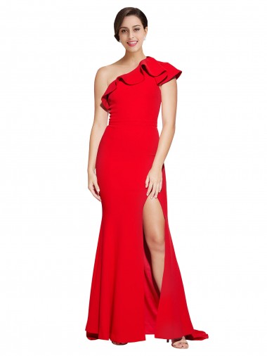 Affordable Sleeveless One Shoulder Stretch Crepe Red Sweep Train Semi Formal Evening Dress