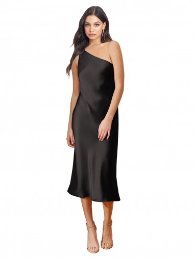 Affordable Sleeveless One Shoulder Stretch Satin Black Midi Length Black Tie Evening Dress