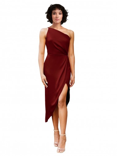Affordable Sleeveless One Shoulder Stretch Satin Burgundy Midi Length Black Tie Evening Dress