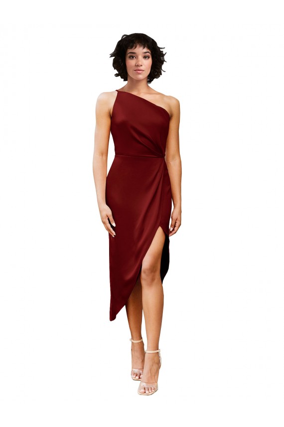 Affordable Sleeveless One Shoulder Stretch Satin Burgundy Midi Length Black Tie Evening Dress
