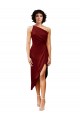 Affordable Sleeveless One Shoulder Stretch Satin Burgundy Midi Length Black Tie Evening Dress