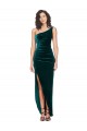 Affordable Sleeveless One Shoulder Stretch Velvet Dark Green Long High Low Evening Dress