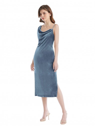 Affordable Sleeveless One Shoulder Stretch Velvet Dusty Blue Long Semi Formal Evening Dress