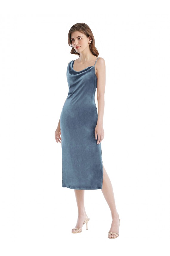 Affordable Sleeveless One Shoulder Stretch Velvet Dusty Blue Long Semi Formal Evening Dress