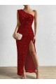 Affordable Sleeveless One Shoulder Velvet Sequin Red Long Evening Dress