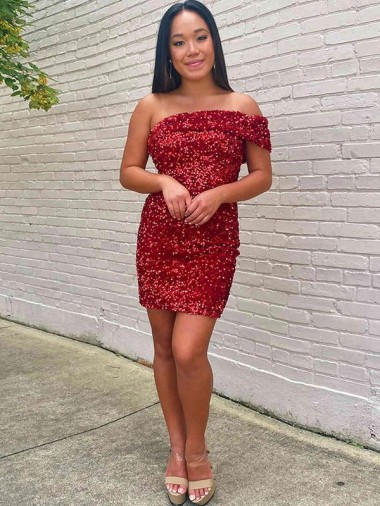 Affordable Sleeveless One Shoulder Velvet Sequin Burgundy Short Evening Dress