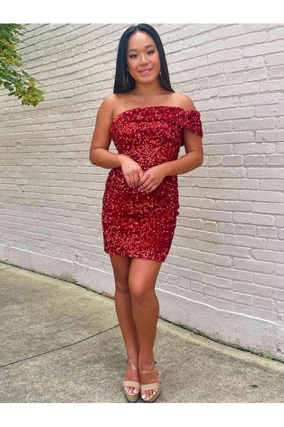 Affordable Sleeveless One Shoulder Velvet Sequin Burgundy Short Evening Dress
