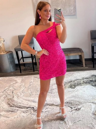 Affordable Sleeveless One Shoulder Velvet Sequin Fuchsia Short Evening Dresses