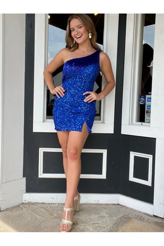 Affordable Sleeveless One Shoulder Velvet Sequin Royal Blue Short Homecoming Dresses