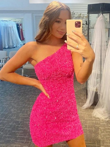 Affordable Sleeveless One Shoulder Velvet Sequin Short Evening Gowns