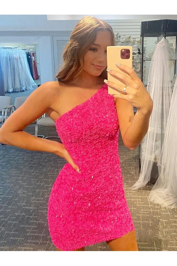 Affordable Sleeveless One Shoulder Velvet Sequin Short Evening Gowns