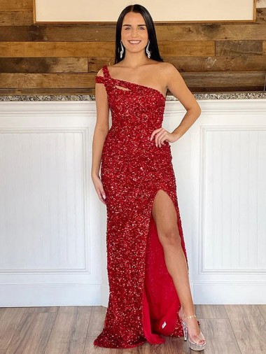 Affordable Sleeveless One Shoulder Velvet Sequin Burgundy Sweep Train Evening Dress