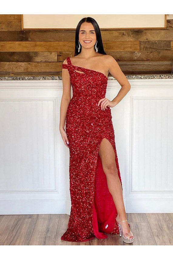 Affordable Sleeveless One Shoulder Velvet Sequin Burgundy Sweep Train Evening Dress