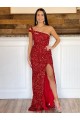 Affordable Sleeveless One Shoulder Velvet Sequin Burgundy Sweep Train Evening Dress