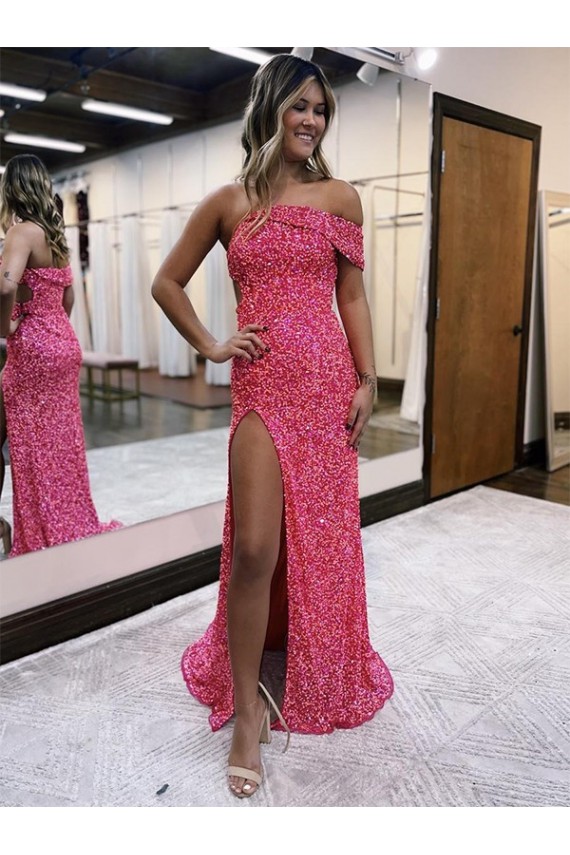Affordable Sleeveless One Shoulder Velvet Sequin Fuchsia Sweep Train Evening Dress