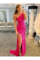 Affordable Sleeveless One Shoulder Velvet Sequin Fuchsia Sweep Train Evening Gowns