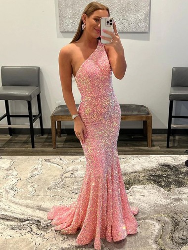 Affordable Sleeveless One Shoulder Velvet Sequin Pink Sweep Train Evening Dress