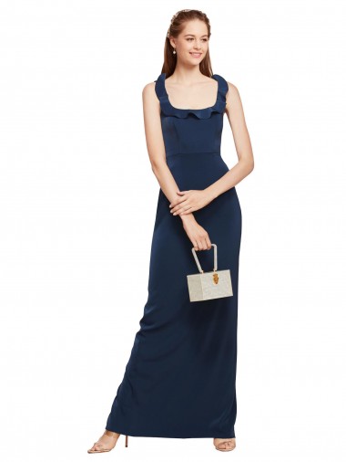 Affordable Sleeveless Scoop Neck Stretch Crepe Dark Navy Long Formal Evening Dress