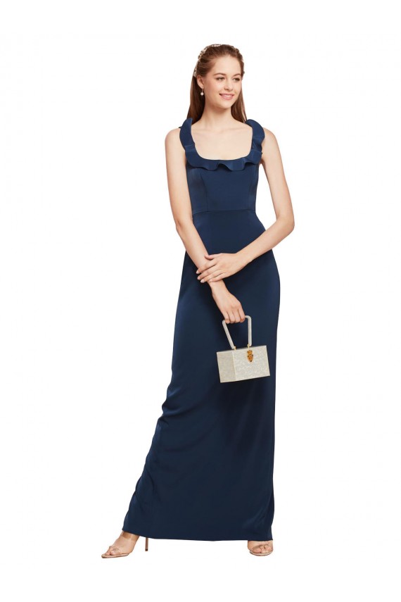 Affordable Sleeveless Scoop Neck Stretch Crepe Dark Navy Long Formal Evening Dress