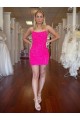 Affordable Sleeveless Spaghetti Straps Velvet Sequin Fuchsia Short Evening Dress