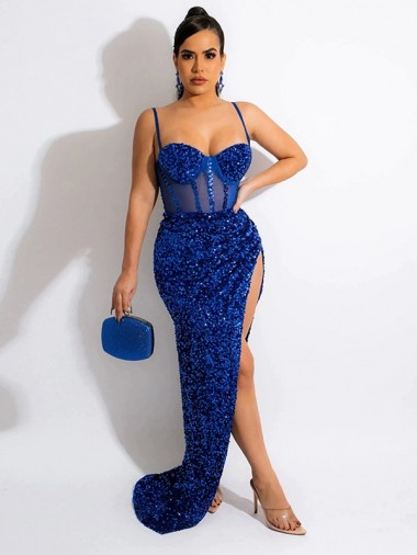 Affordable Sleeveless Spaghetti Straps Velvet Sequin Royal Blue Sweep Train Evening Gown
