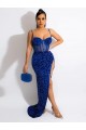 Affordable Sleeveless Spaghetti Straps Velvet Sequin Royal Blue Sweep Train Evening Gown