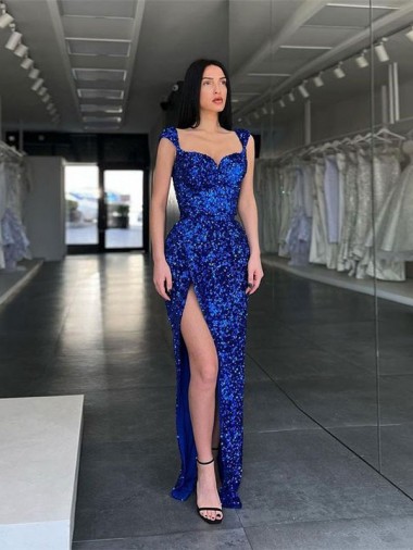 Affordable Sleeveless Spaghetti Straps Velvet Sequin Royal Blue Sweep Train Evening Gowns